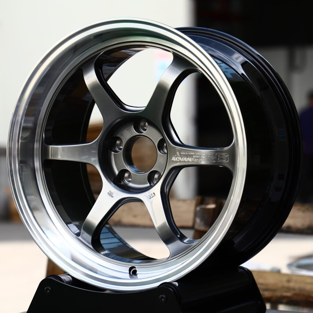 Audi A6 C8 wheels – Gunmetal 6-Spoke Polished Lip (Advan-Style), close-up view