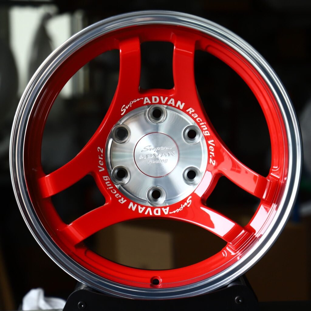 Toyota 4Runner wheels – Red 3-Spoke Polished Lip (Advan-Style), front view