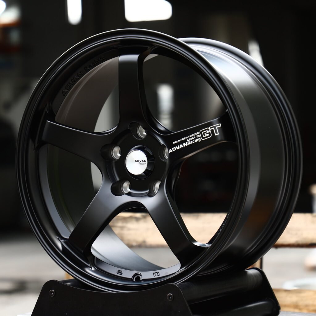 Tesla Model Y wheels – Satin Black 5-Spoke (Advan-Style), angled view