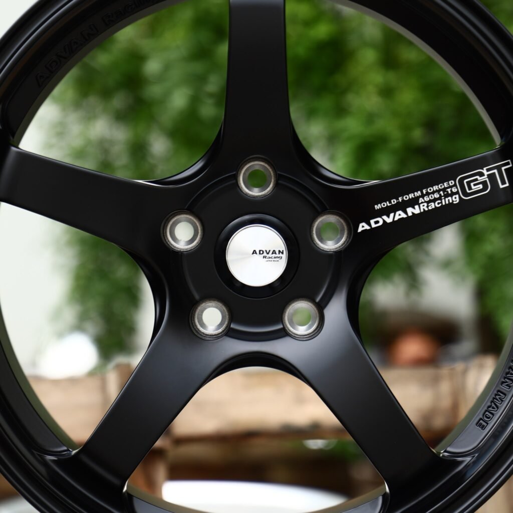Subaru WRX wheels – Satin Black 5-Spoke (Advan-Style), lip and barrel detail