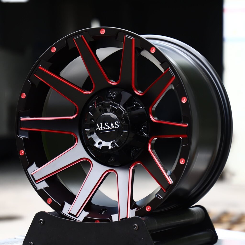 Toyota Tacoma wheels – Black Red Milled 10-Spoke (Alsas-Style), angled view