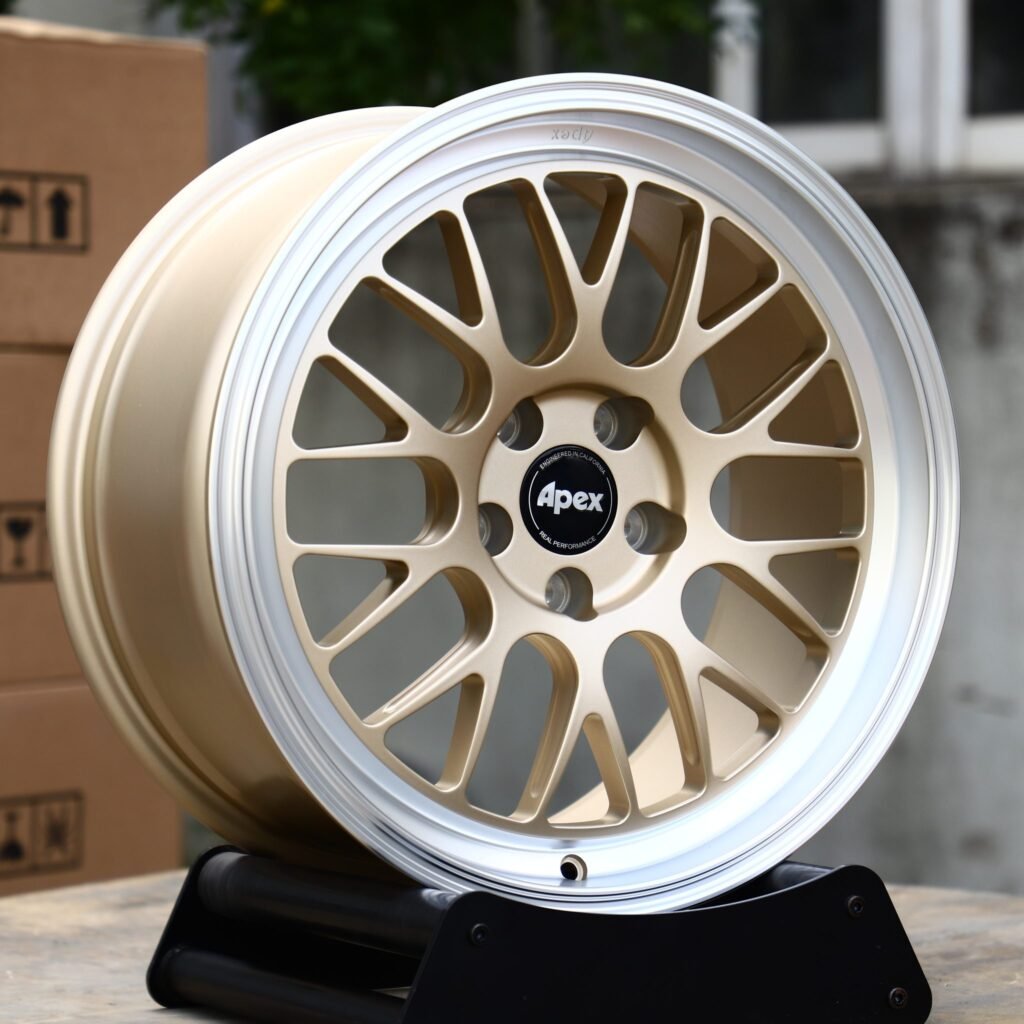Mercedes C-Class wheels – Gold Mesh Polished Lip (APEX-Style), angled view
