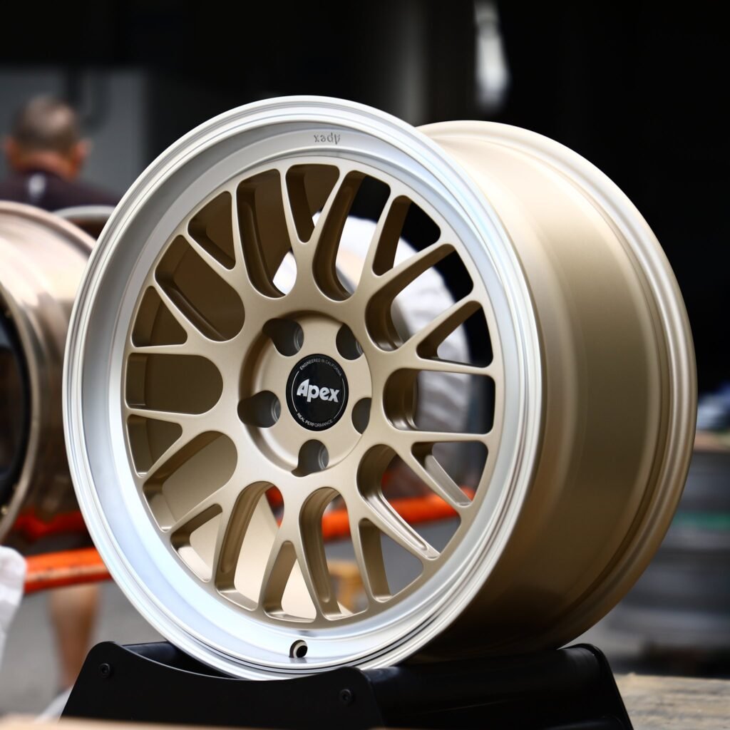 5x112 wheels – Gold Mesh Polished Lip (APEX-Style), side view