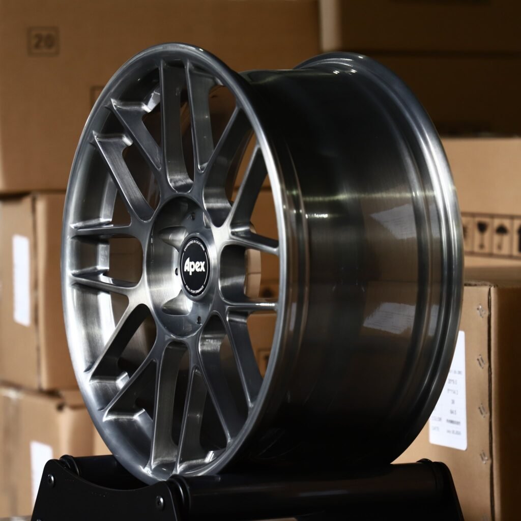 5x112 wheels – Transparent Gray Brushed Y-Spoke Mesh (APEX-Style), side view