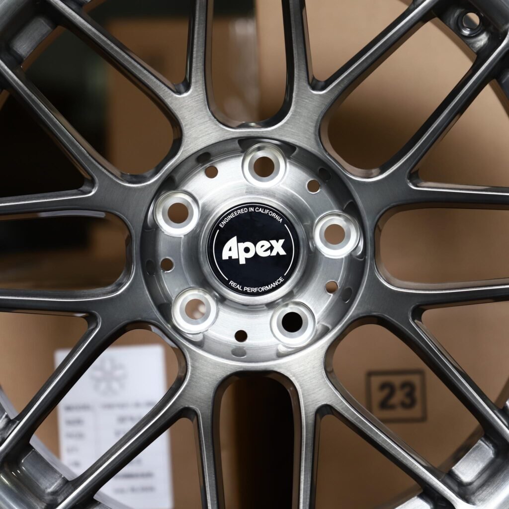 Audi A4 B9 wheels – Transparent Gray Brushed Y-Spoke Mesh (APEX-Style), lip and barrel detail