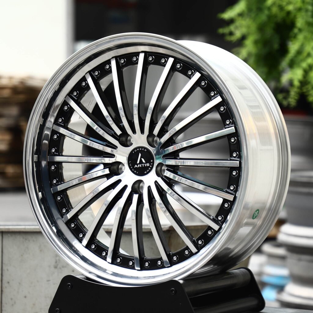 BMW M3 wheels – Gloss Black Machined Multi-Spoke 2-Piece Riveted (Artis-Style), angled view