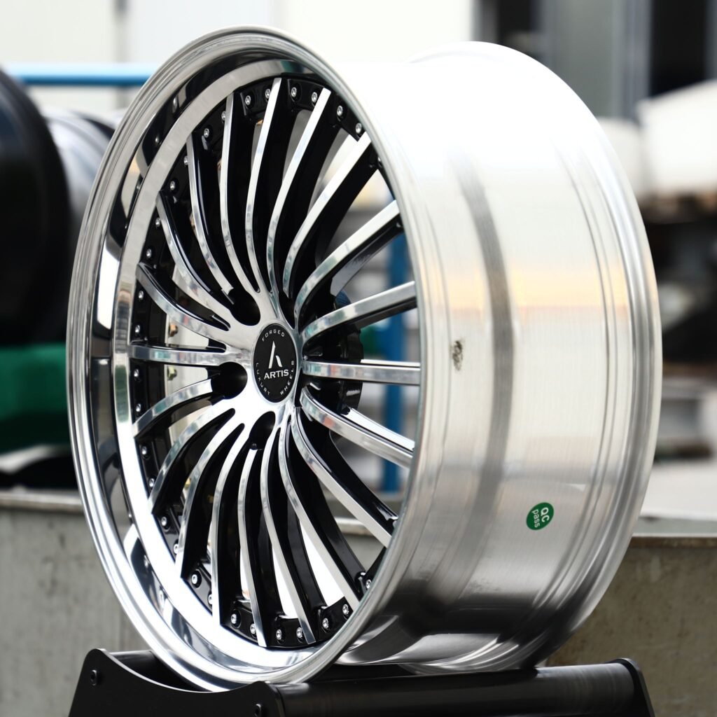 5x112 wheels – Gloss Black Machined Multi-Spoke 2-Piece Riveted (Artis-Style), side view