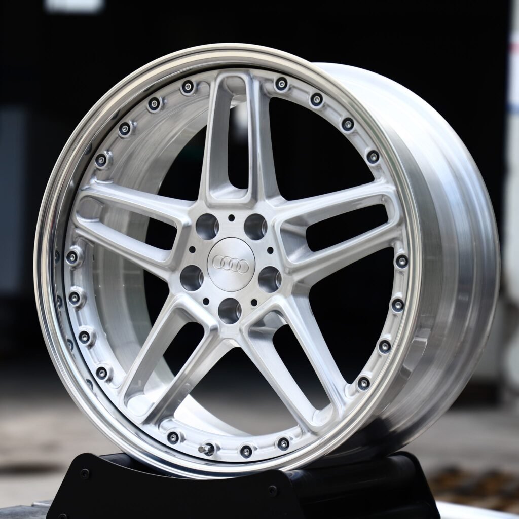 Audi RS3 wheels – 2-Piece Brushed Silver Twin 5-Spoke Riveted Lip (Audi OEM-Style), angled view