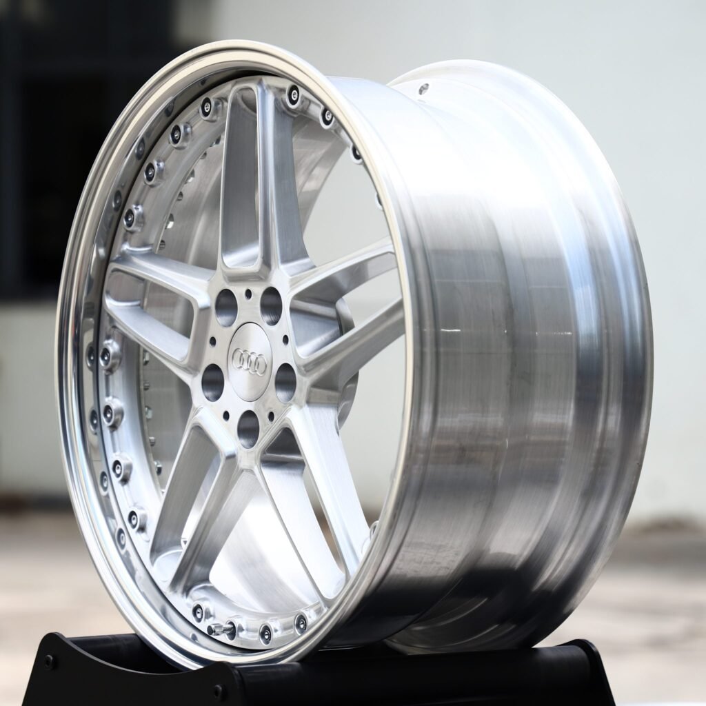 5x112 wheels – 2-Piece Brushed Silver Twin 5-Spoke Riveted Lip (Audi OEM-Style), side view