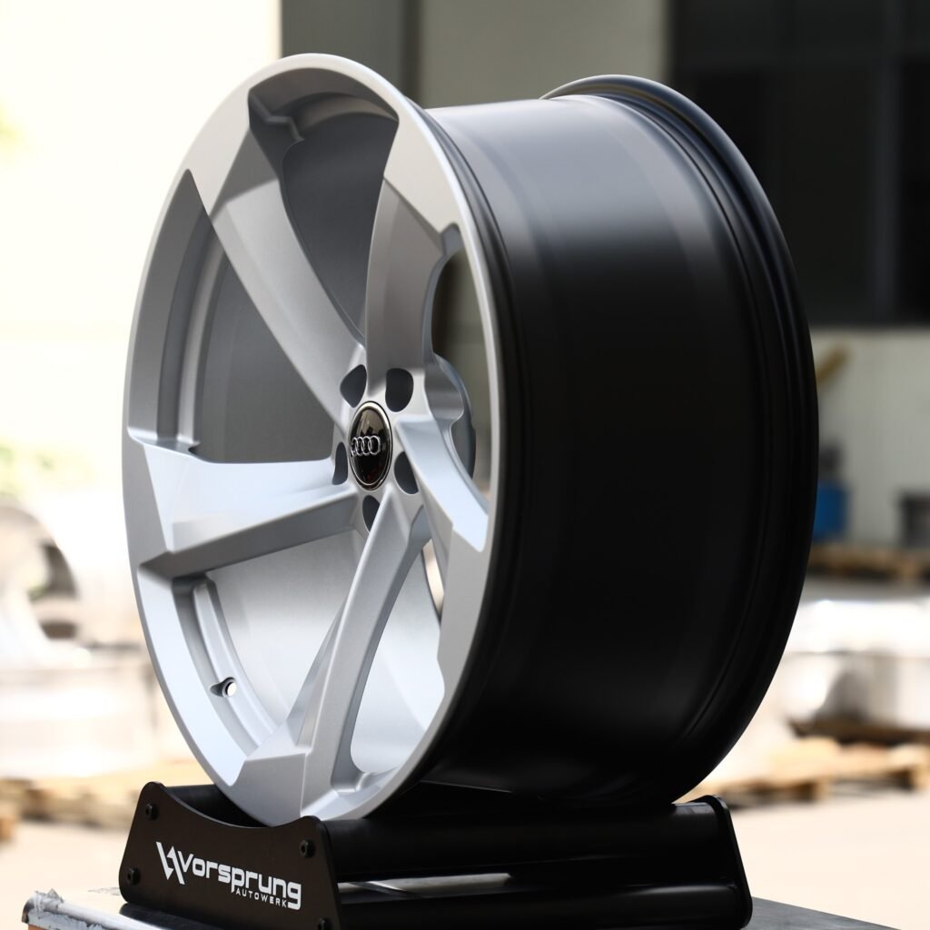 Audi A6 wheels – Bright Silver 5-Spoke Rotor (Audi OEM-Style), angled view