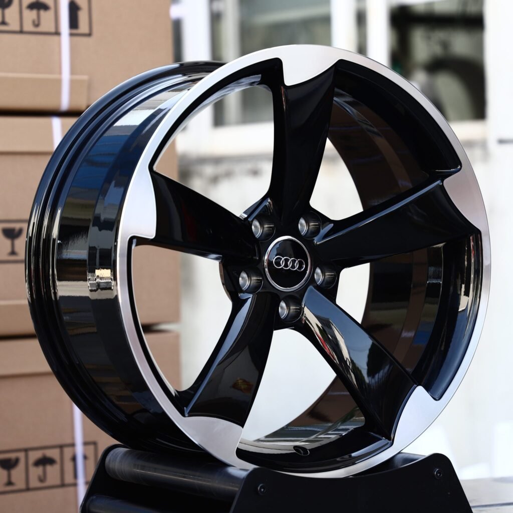 Audi A6 wheels – Gloss Black Machined 5-Spoke Rotor (Audi OEM-Style), angled view