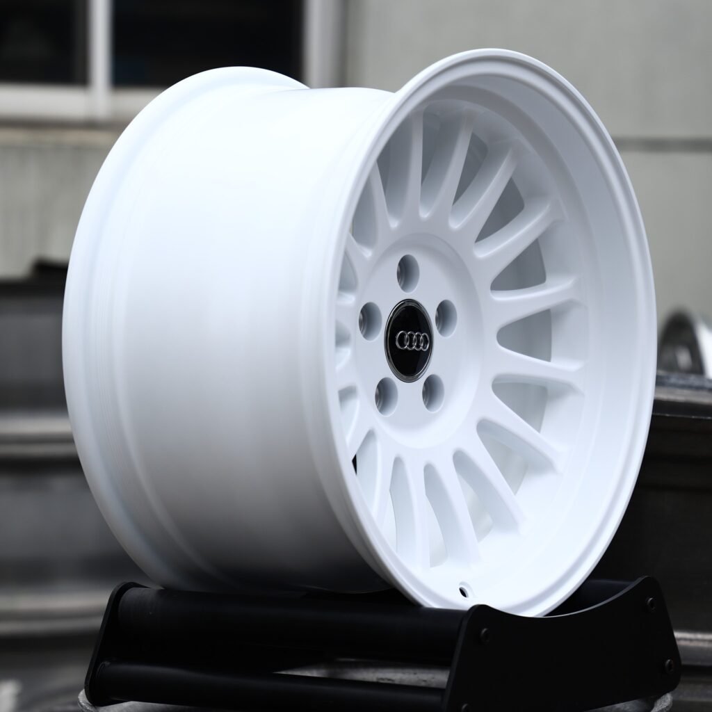 5x112 wheels – Gloss White 15-Spoke Deep Lip (Audi OEM-Style), side view