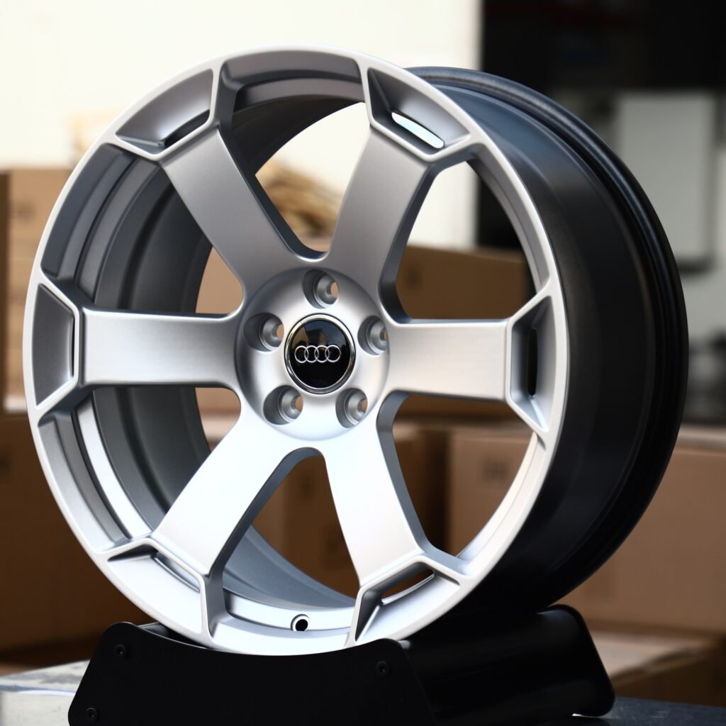 Audi RS3 wheels – Matte Silver 6-Spoke (Audi OEM-Style), angled view