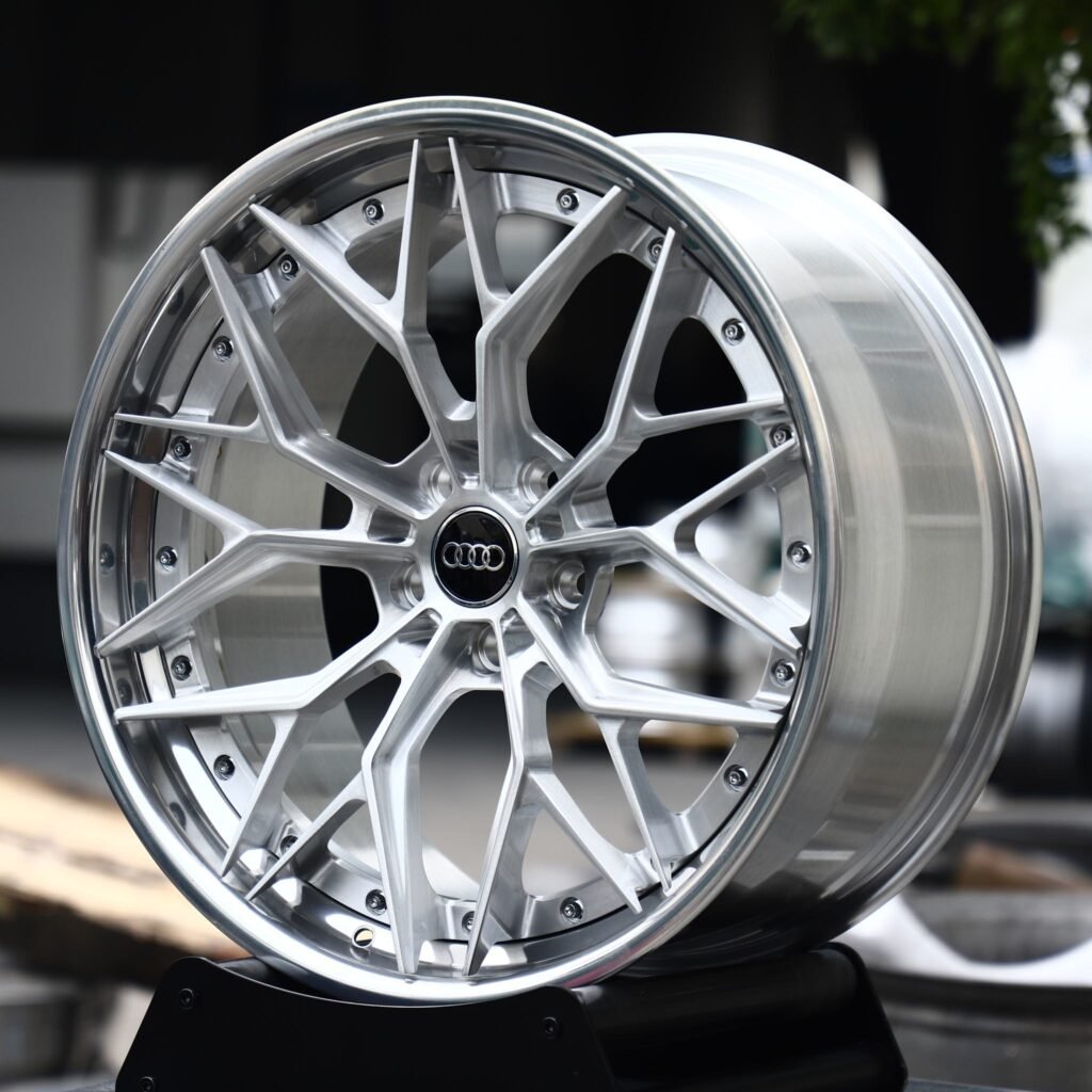 Audi RS5 wheels – Polished Silver 10 Y-Spoke 2-Piece (Audi OEM-Style), angled view