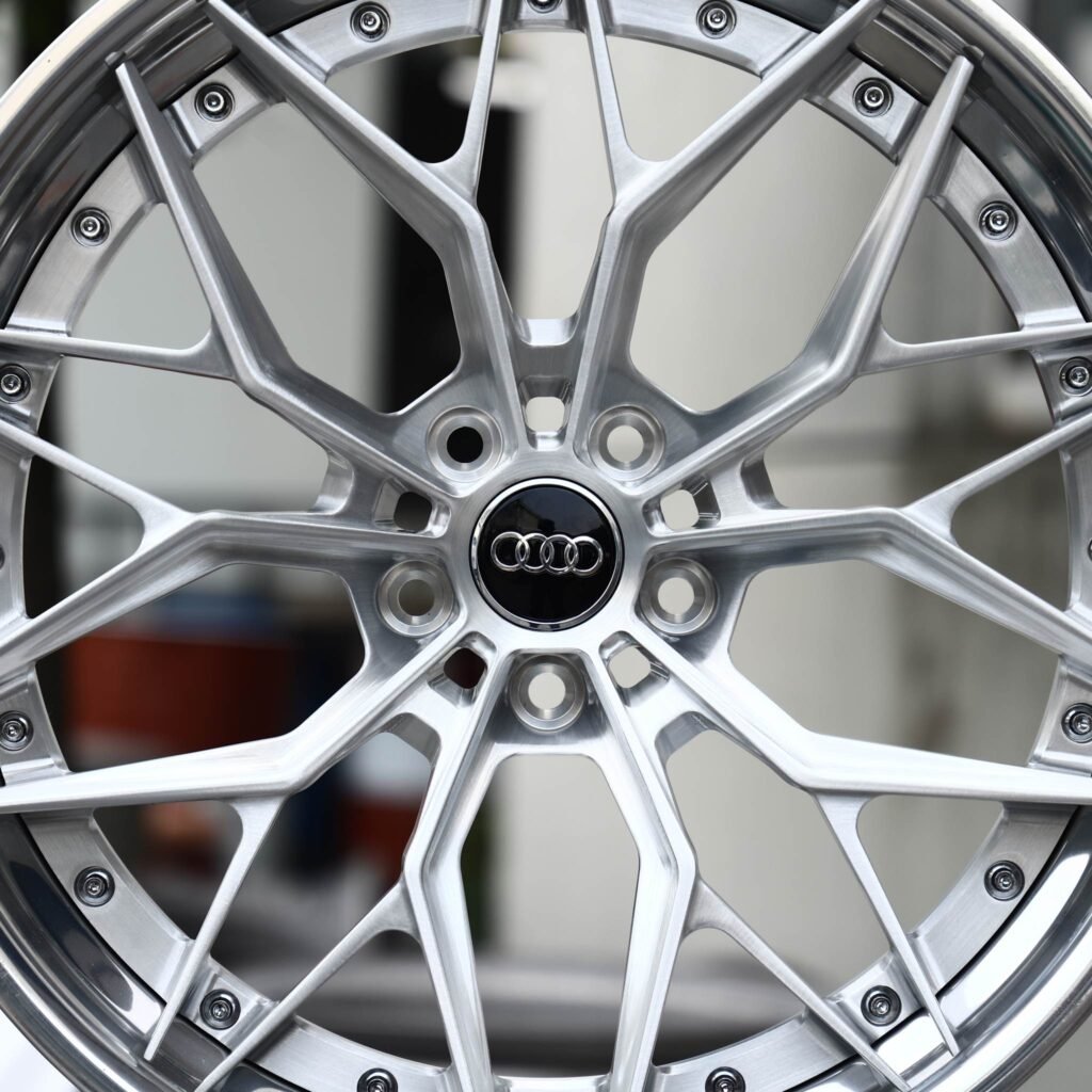 Audi A4 B9 wheels – Polished Silver 10 Y-Spoke 2-Piece (Audi OEM-Style), lip and barrel detail
