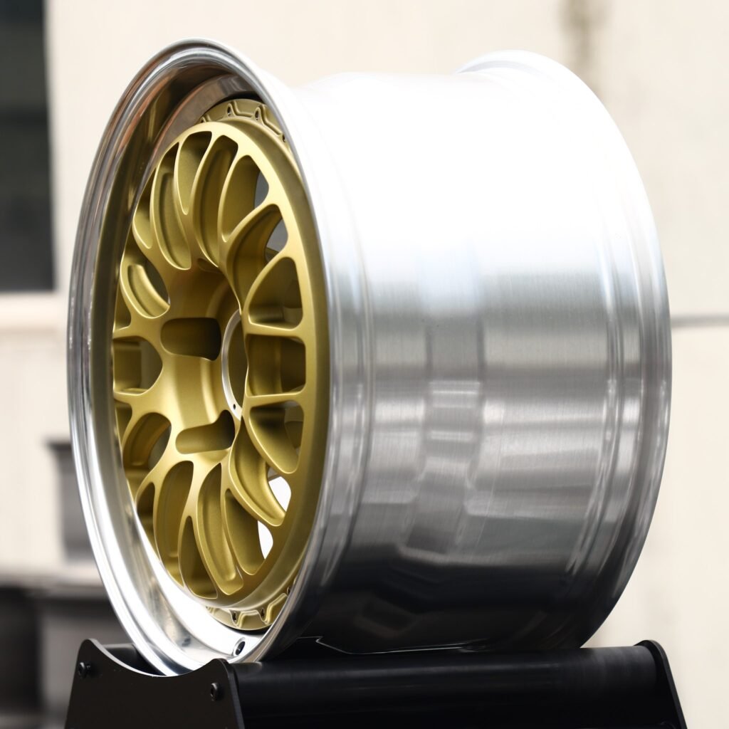 5x112 wheels – Gold Cross-Spoke Mesh 2-Piece Polished Lip, side view