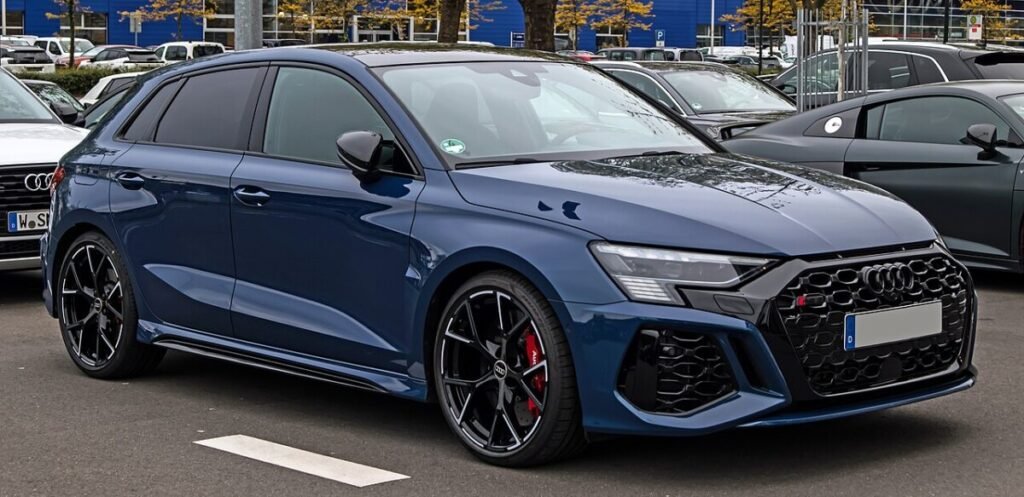 Audi RS3 bolt pattern 5x112 on a blue 8Y RS3 Sportback with 19-inch wheels