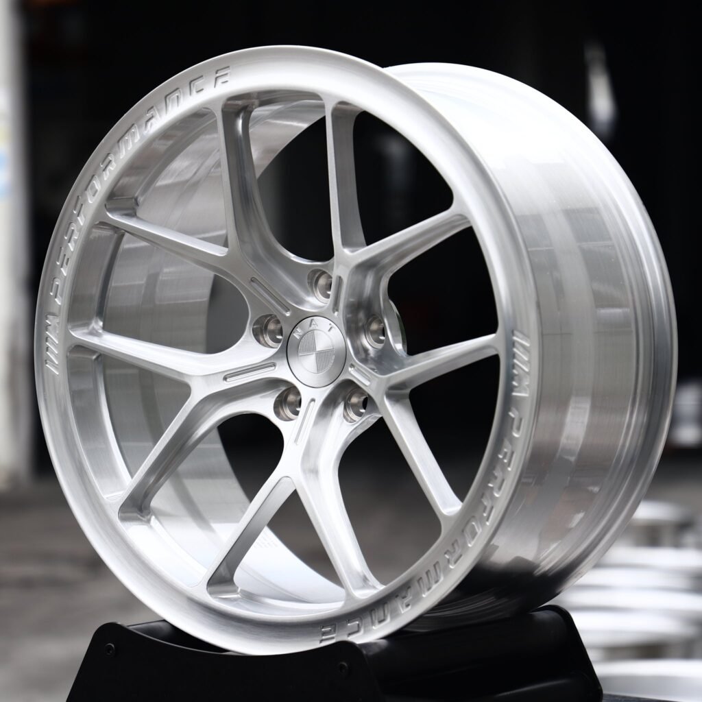 BMW M3 wheels – Brushed Silver 5 Y-Spoke Lettered Polished Lip, angled view