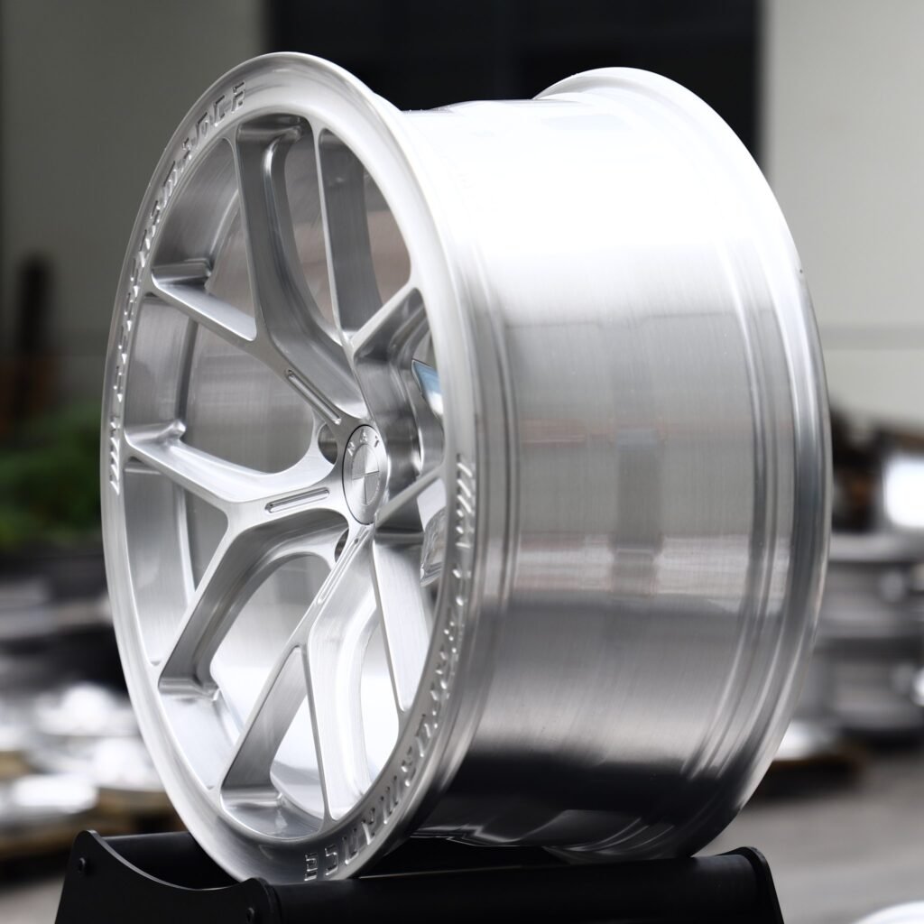 5x112 wheels – Brushed Silver 5 Y-Spoke Lettered Polished Lip, side view