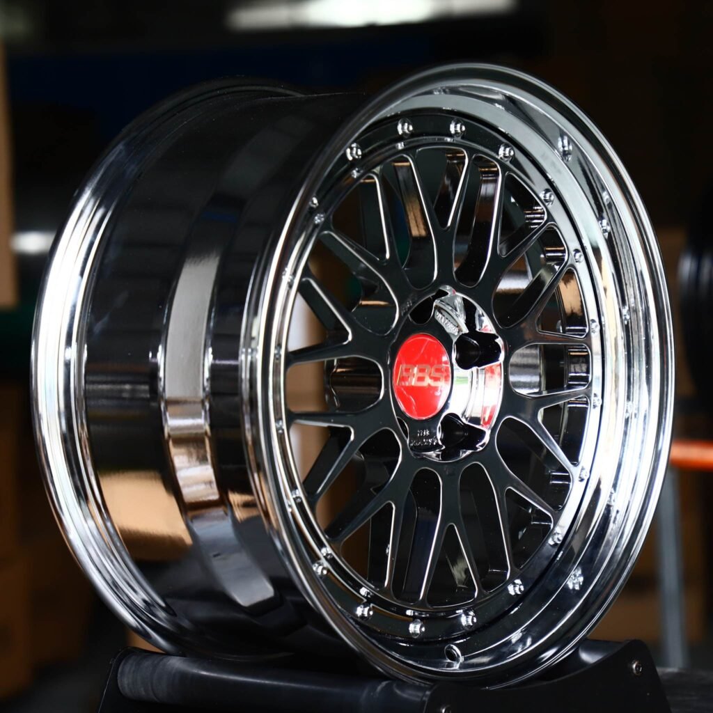 5x120 wheels – 2-Piece Black Chrome Mesh Red Cap Polished Lip (BBS-Style), side view