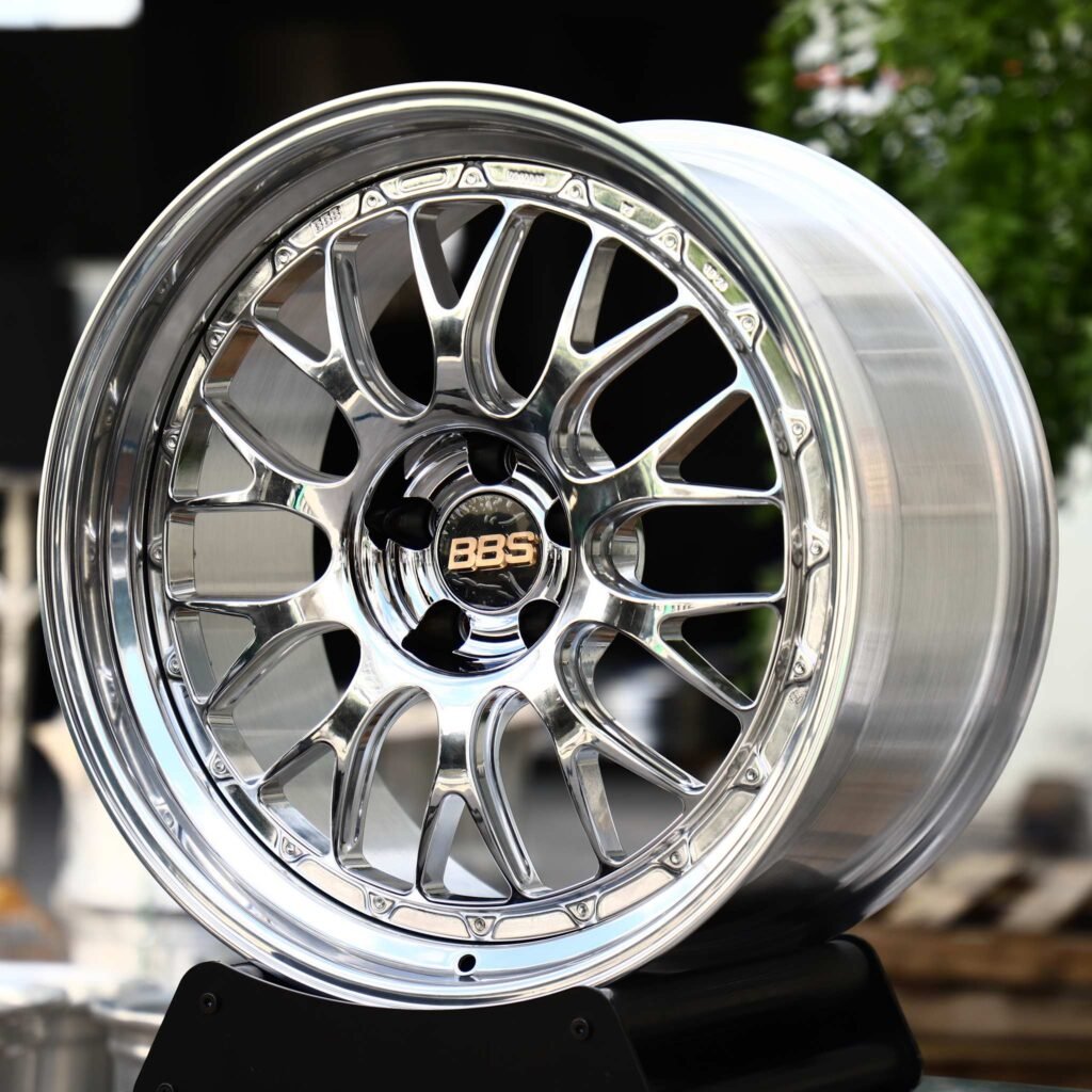 BMW M3 wheels – 2-Piece Chrome Mesh Polished Lip (BBS-Style), angled view