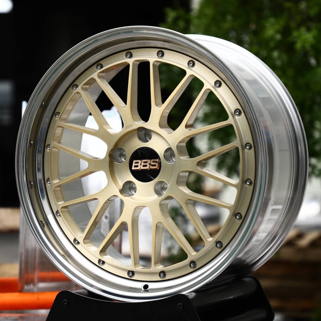 BMW X3 wheels – 2-Piece Gold Mesh Polished Lip (BBS-Style), angled view