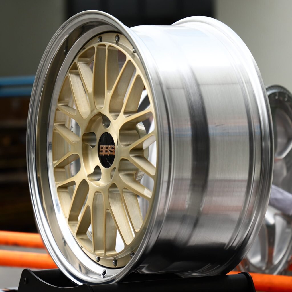 5x112 wheels – 2-Piece Gold Mesh Polished Lip (BBS-Style), side view