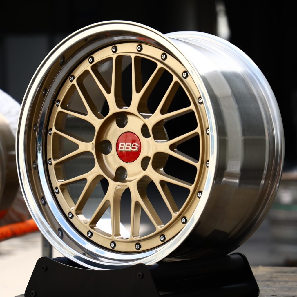 5x112 wheels – 2-Piece Gold Mesh Red Cap Polished Lip (BBS-Style), side view