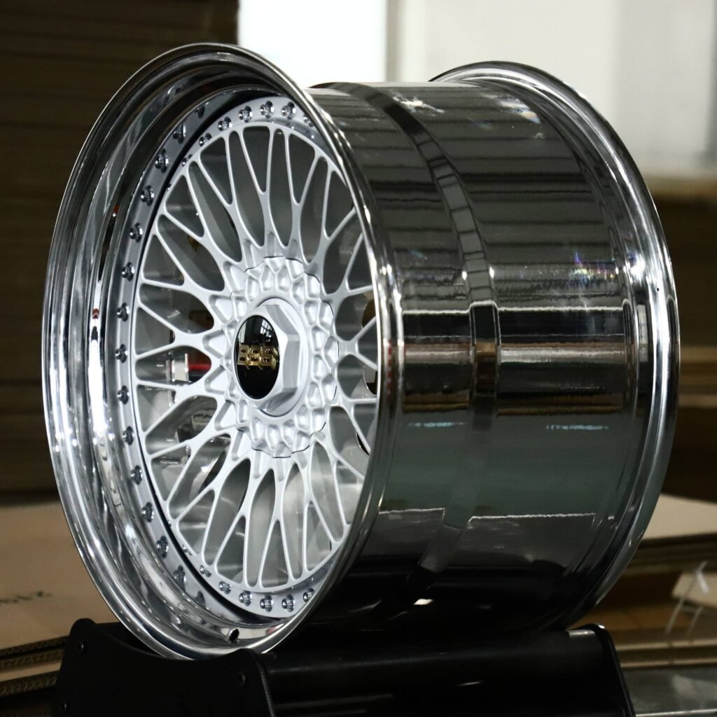 5x112 wheels – 2-Piece Silver Mesh Riveted Polished Lip (BBS-Style), side view