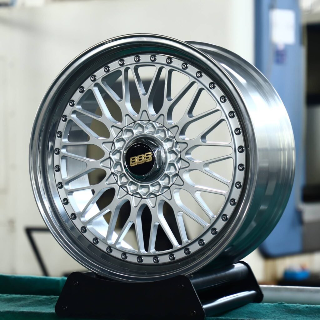 Audi RS3 8Y wheels – 2-Piece Silver Mesh Riveted Polished Lip (BBS-Style), close-up view