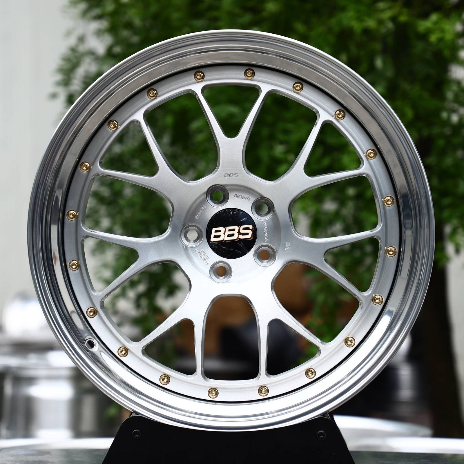 Ford Mustang wheels – 2-Piece Silver Y-Spoke Mesh Gold Rivets (BBS-Style), front view