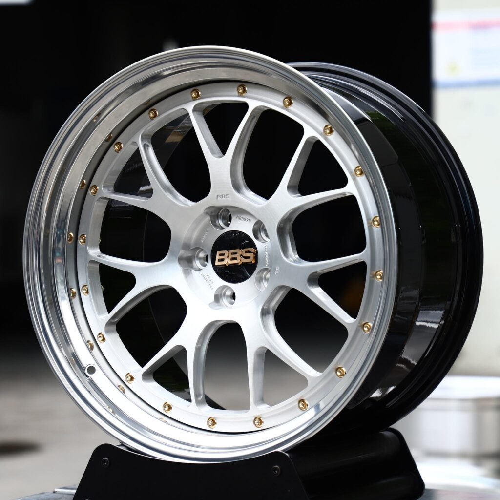 Chevrolet Camaro wheels – 2-Piece Silver Y-Spoke Mesh Gold Rivets (BBS-Style), angled view