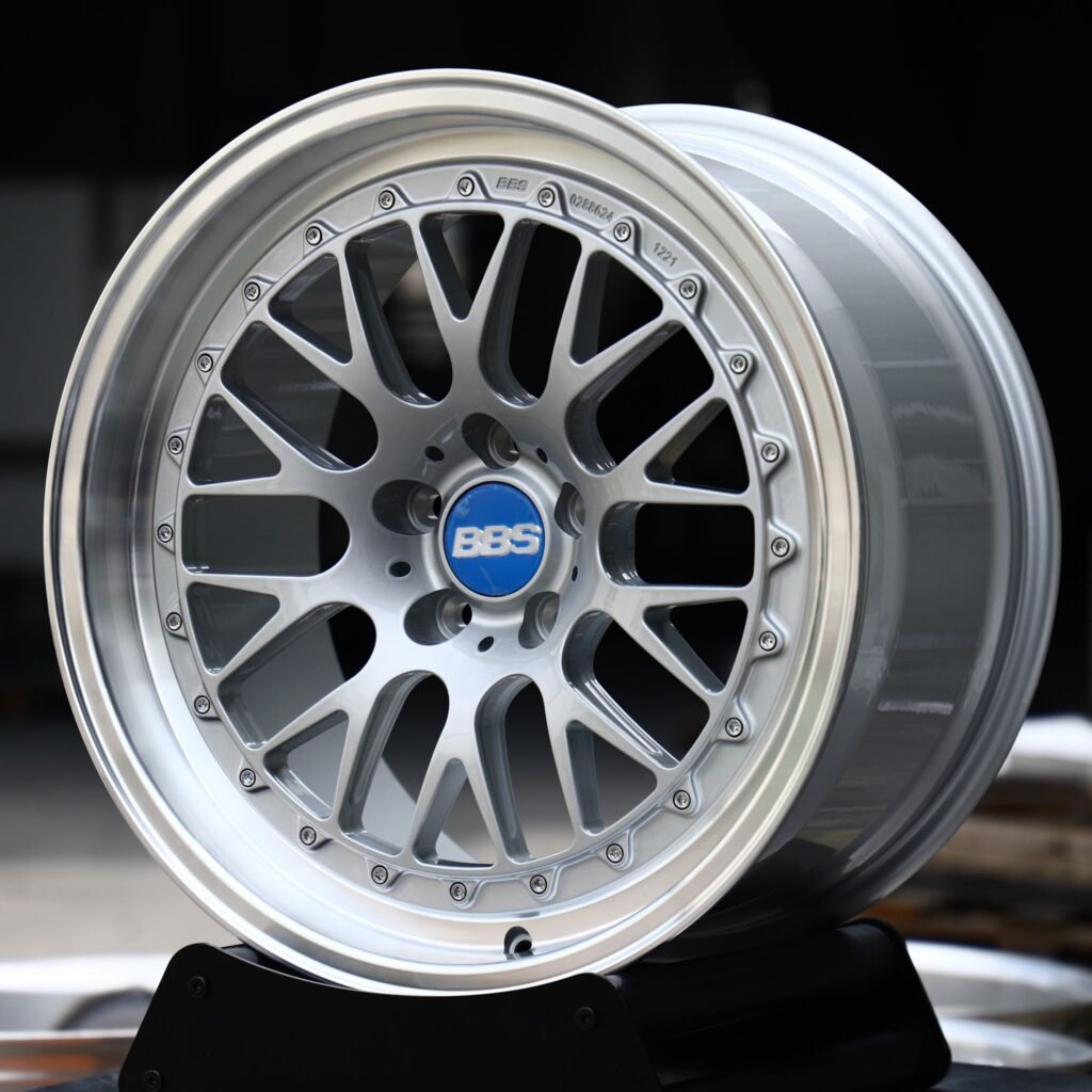 Tesla Model X wheels – Bright Silver Mesh Riveted Polished Lip (BBS-Style), angled view