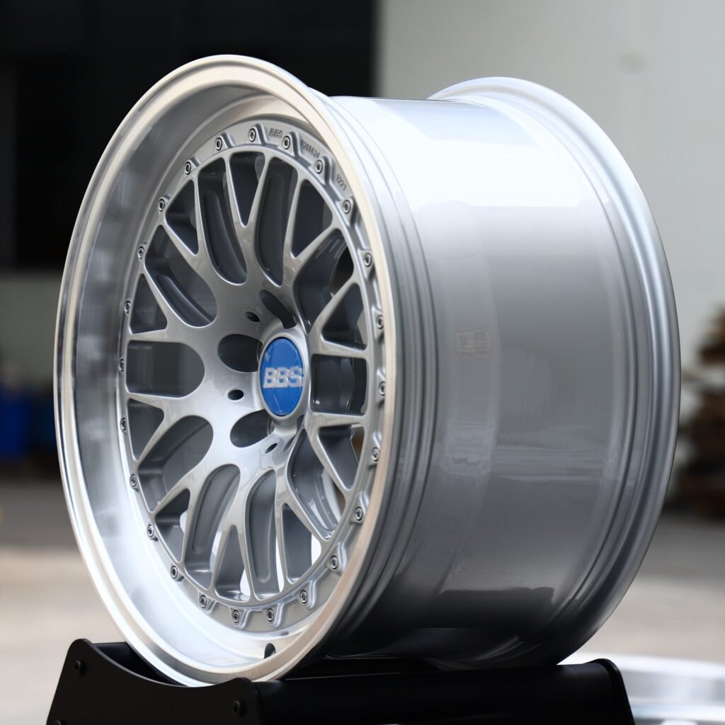 5x120 wheels – Bright Silver Mesh Riveted Polished Lip (BBS-Style), side view