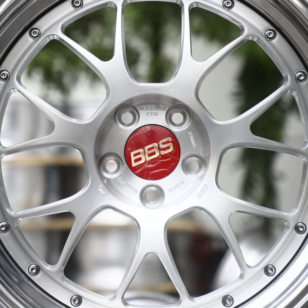 5x114.3 wheels – Bright Silver Y-Spoke Mesh 2-Piece Polished Lip (BBS-Style), side view