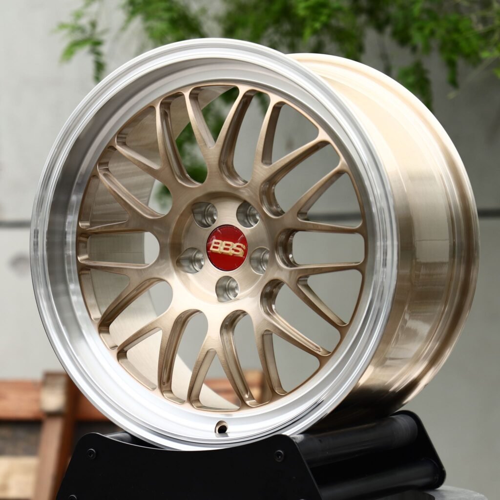 Audi RS5 wheels – Champagne Gold Brushed Mesh Polished Deep Lip (BBS-Style), angled view