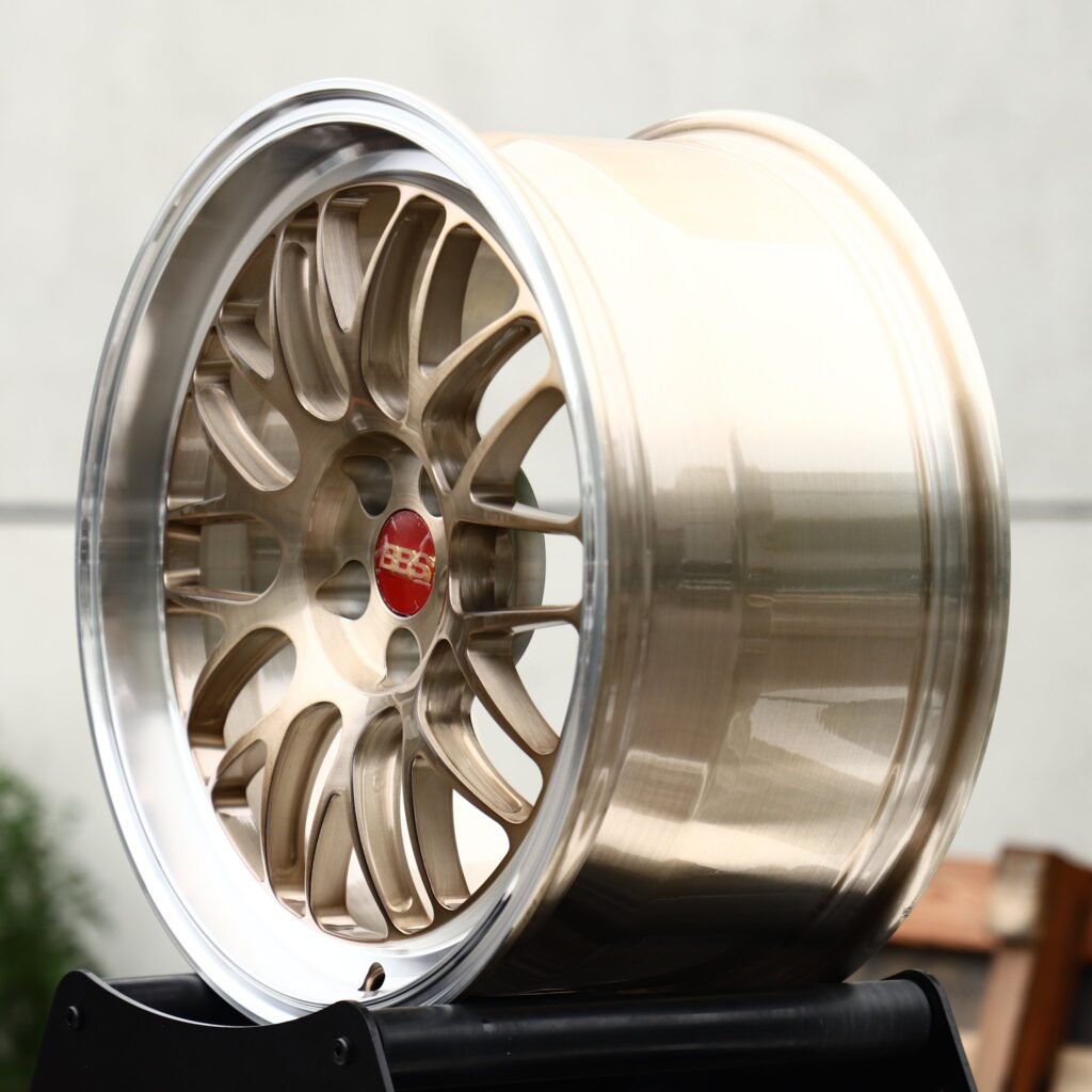 5x120 wheels – Champagne Gold Brushed Mesh Polished Deep Lip (BBS-Style), side view