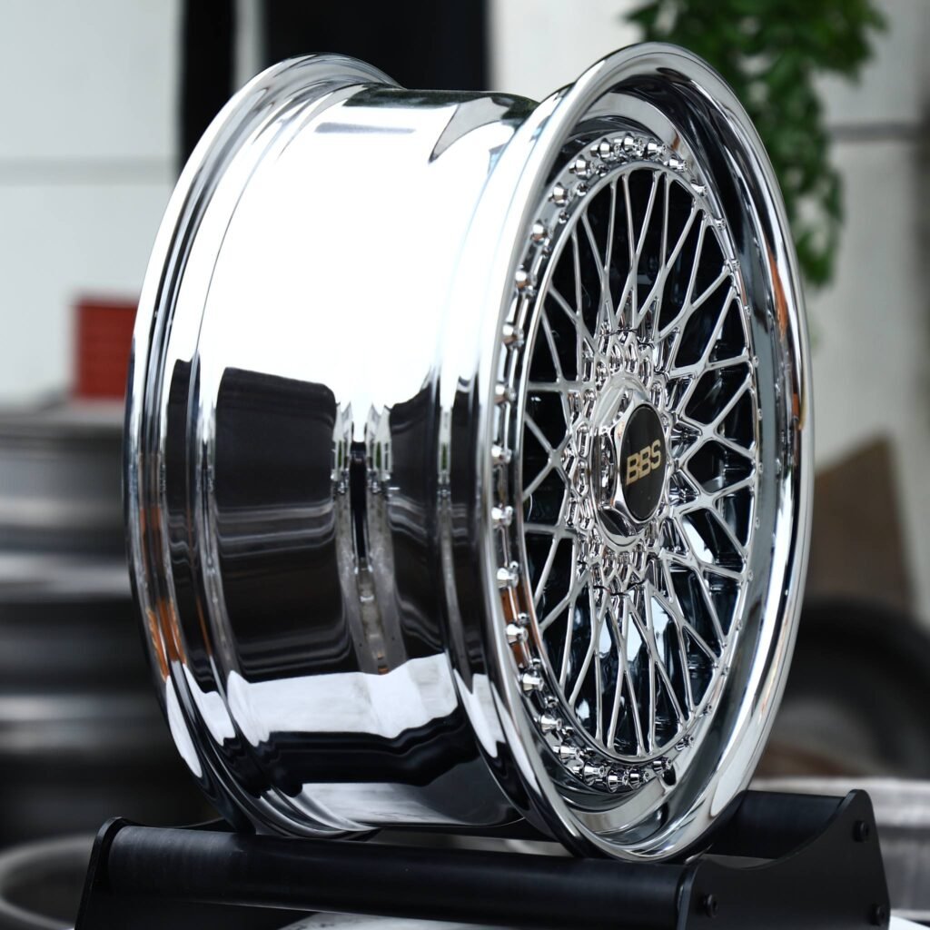 5x112 wheels – Chrome Cross-Lace Mesh Riveted Deep Lip (BBS-Style), side view