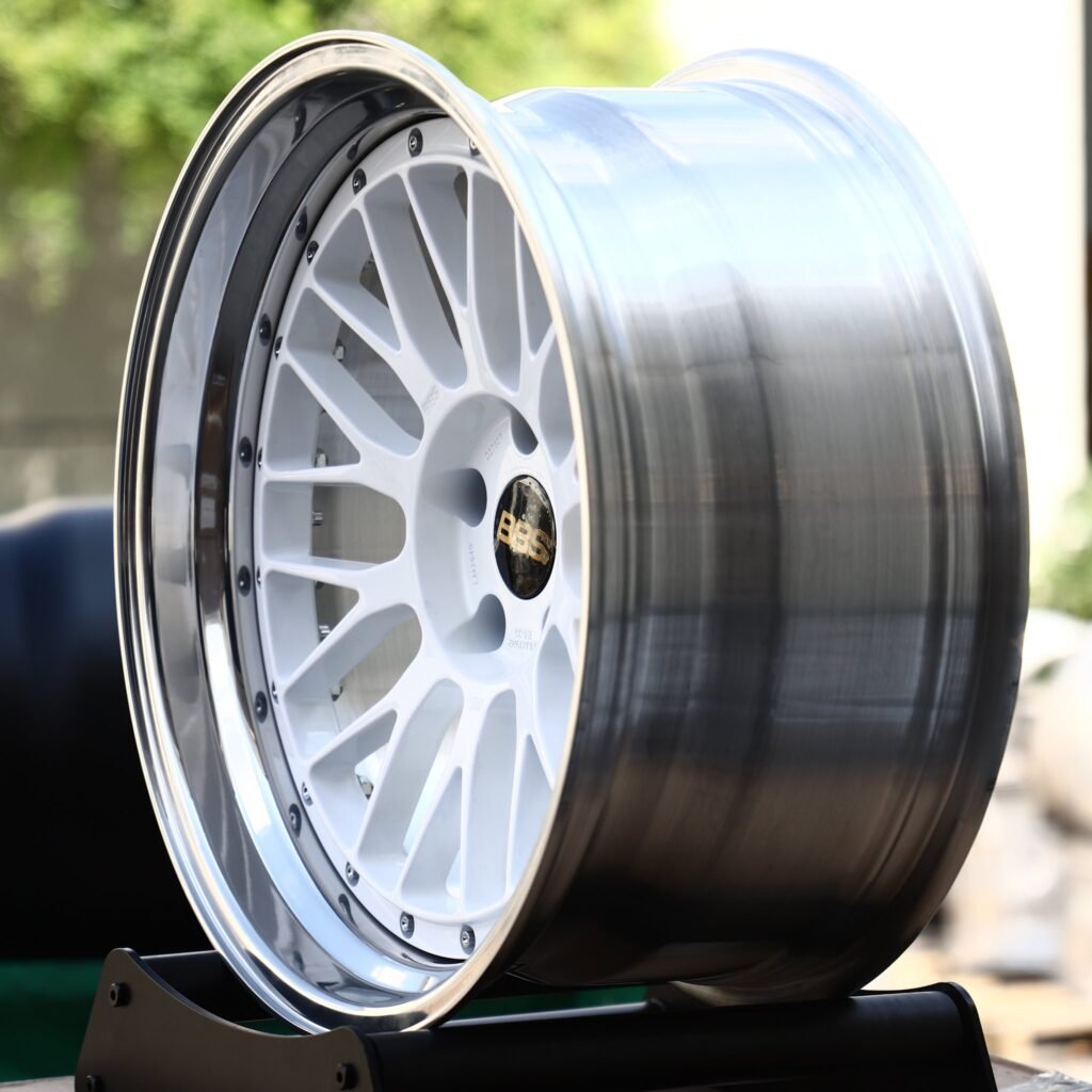 Audi S3 wheels – Gloss White Mesh 2-Piece Polished Deep Lip (BBS-Style), angled view