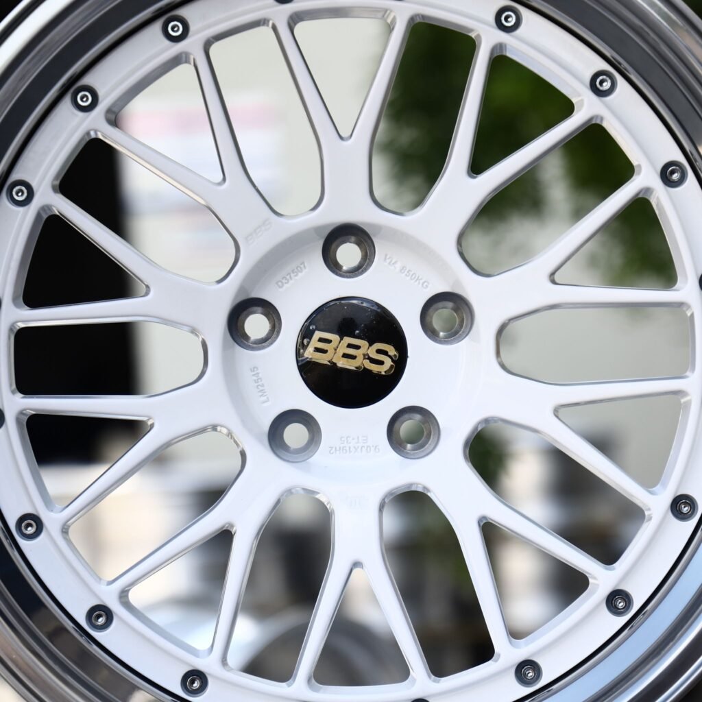 5x112 wheels – Gloss White Mesh 2-Piece Polished Deep Lip (BBS-Style), side view