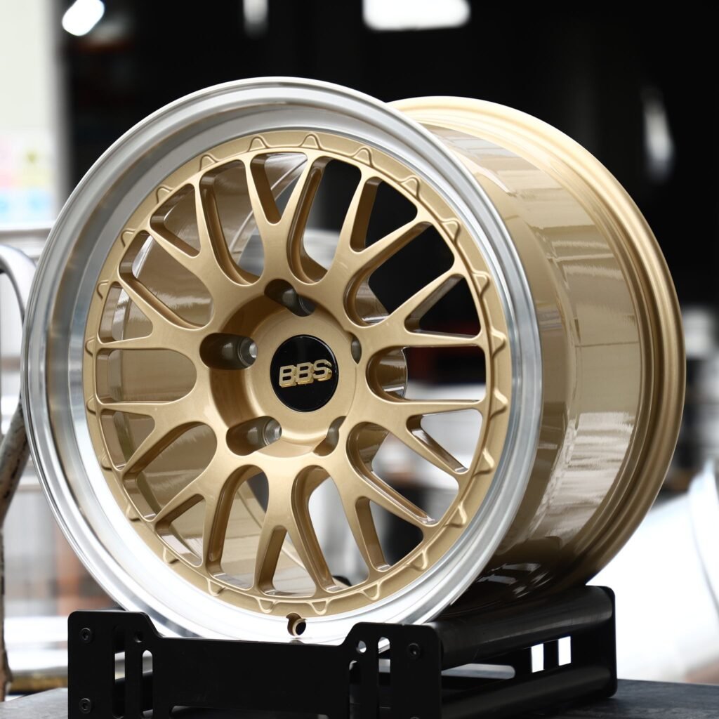 Honda Fit wheels – Gold Mesh Polished Lip (BBS-Style), angled view