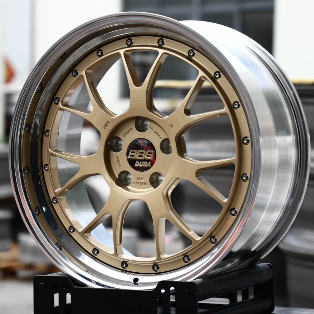BMW M3 wheels – Gold Y-Spoke Mesh 2-Piece Polished Deep Lip (BBS-Style), angled view