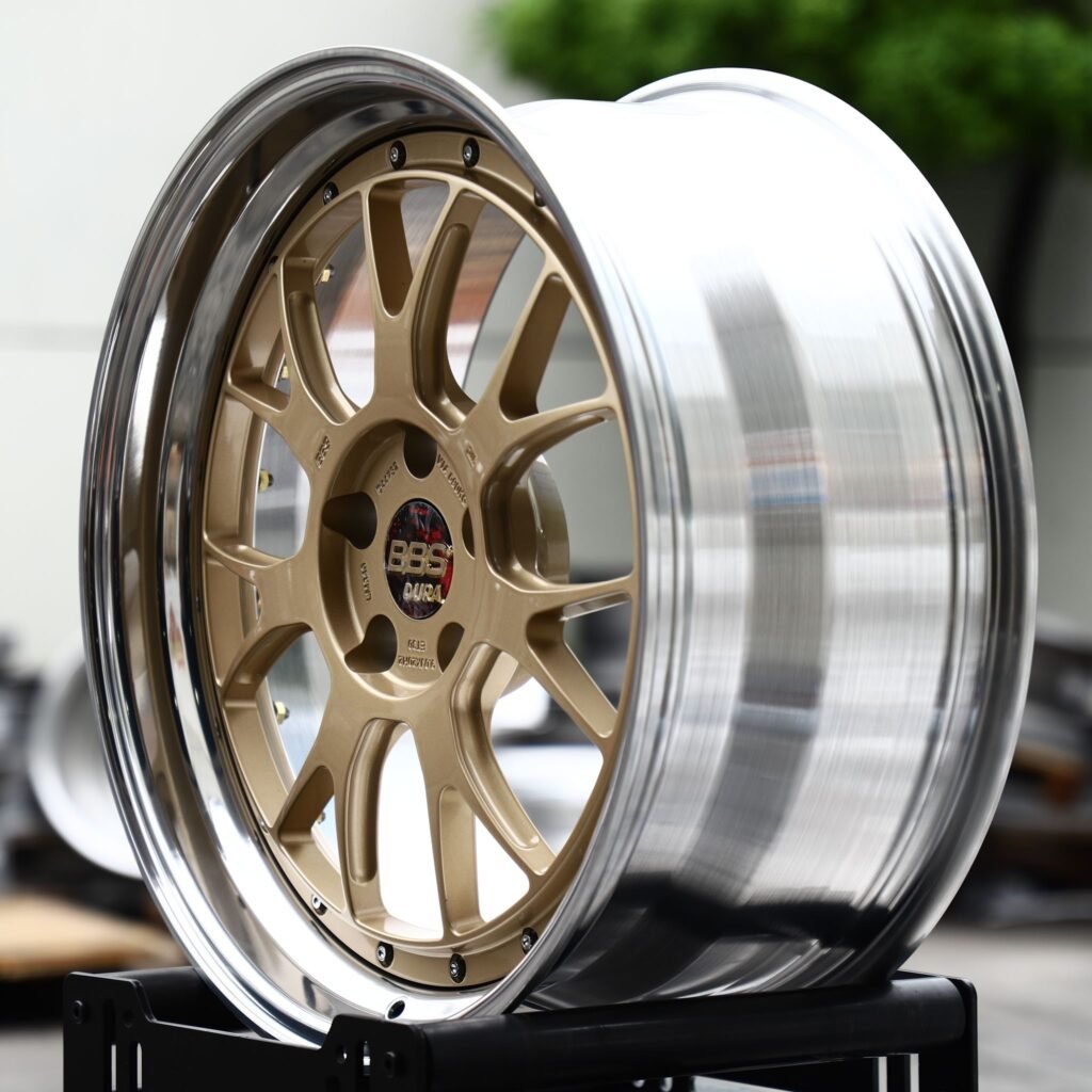 5x130 wheels – Gold Y-Spoke Mesh 2-Piece Polished Deep Lip (BBS-Style), side view