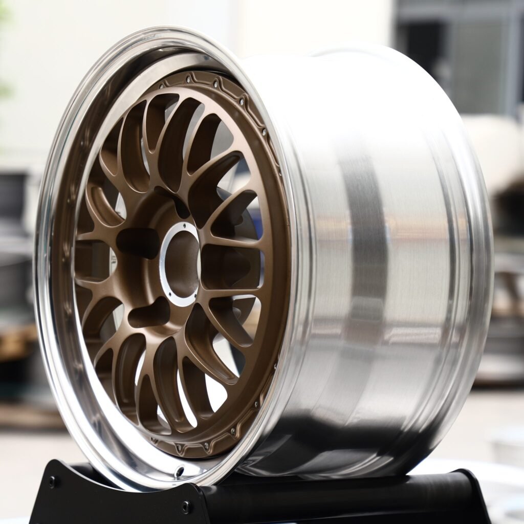 5x120 wheels – Matte Bronze Cross-Spoke Mesh 2-Piece Polished Lip (BBS-Style), side view