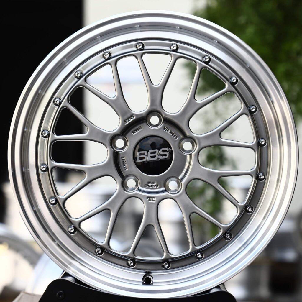 Tesla Model 3 wheels – Metallic Gray Mesh Riveted Polished Lip (BBS-Style), front view