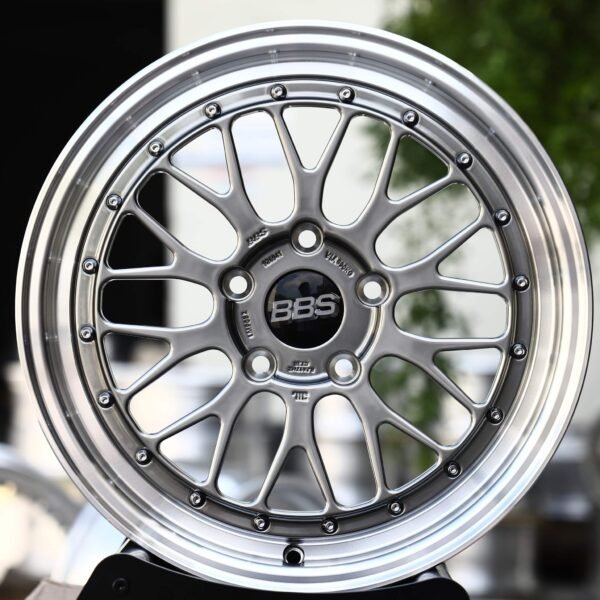 Tesla Model 3 wheels – Metallic Gray Mesh Riveted Polished Lip (BBS-Style), front view