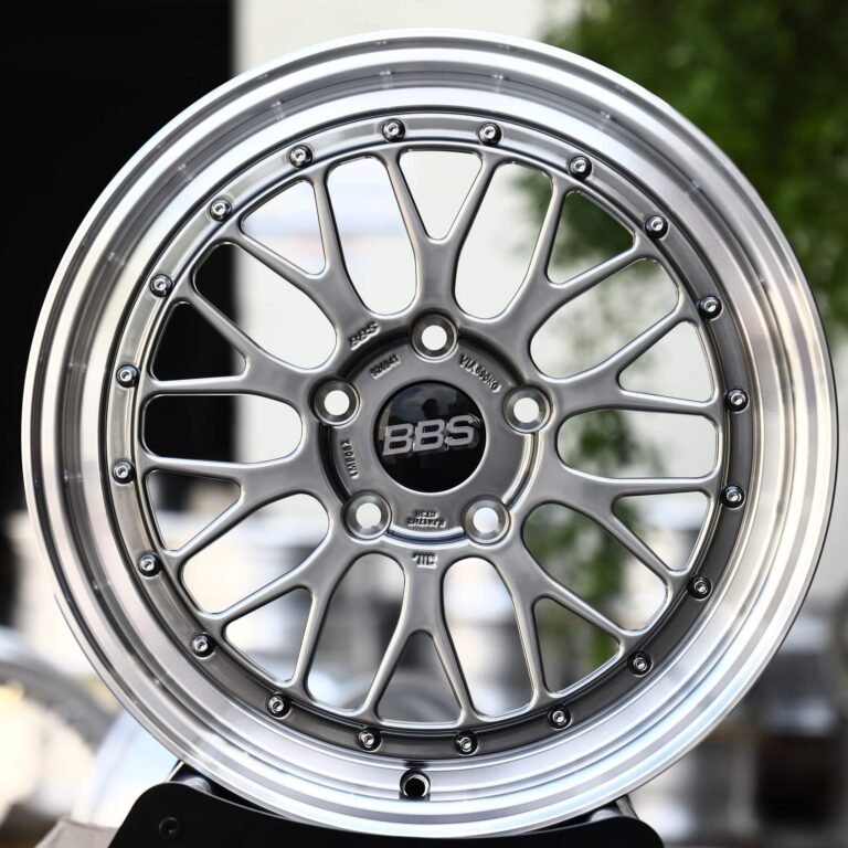 Tesla Model 3 wheels – Metallic Gray Mesh Riveted Polished Lip (BBS-Style), front view