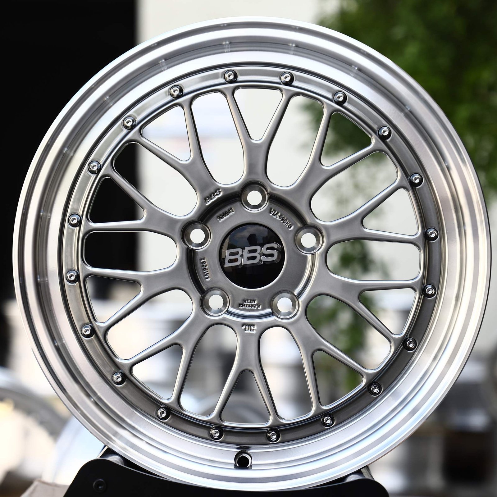 Tesla Model 3 wheels – Metallic Gray Mesh Riveted Polished Lip (BBS-Style), front view