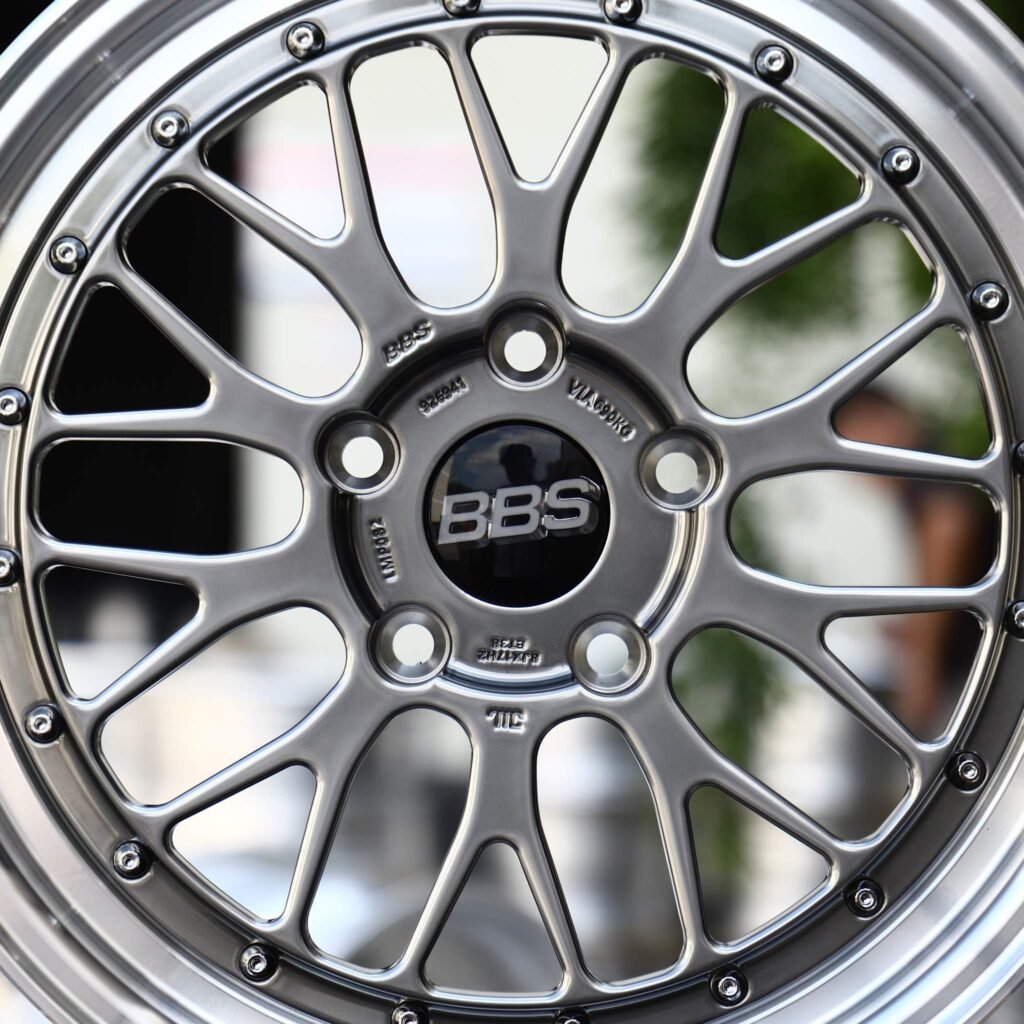 5x114.3 wheels – Metallic Gray Mesh Riveted Polished Lip (BBS-Style), side view