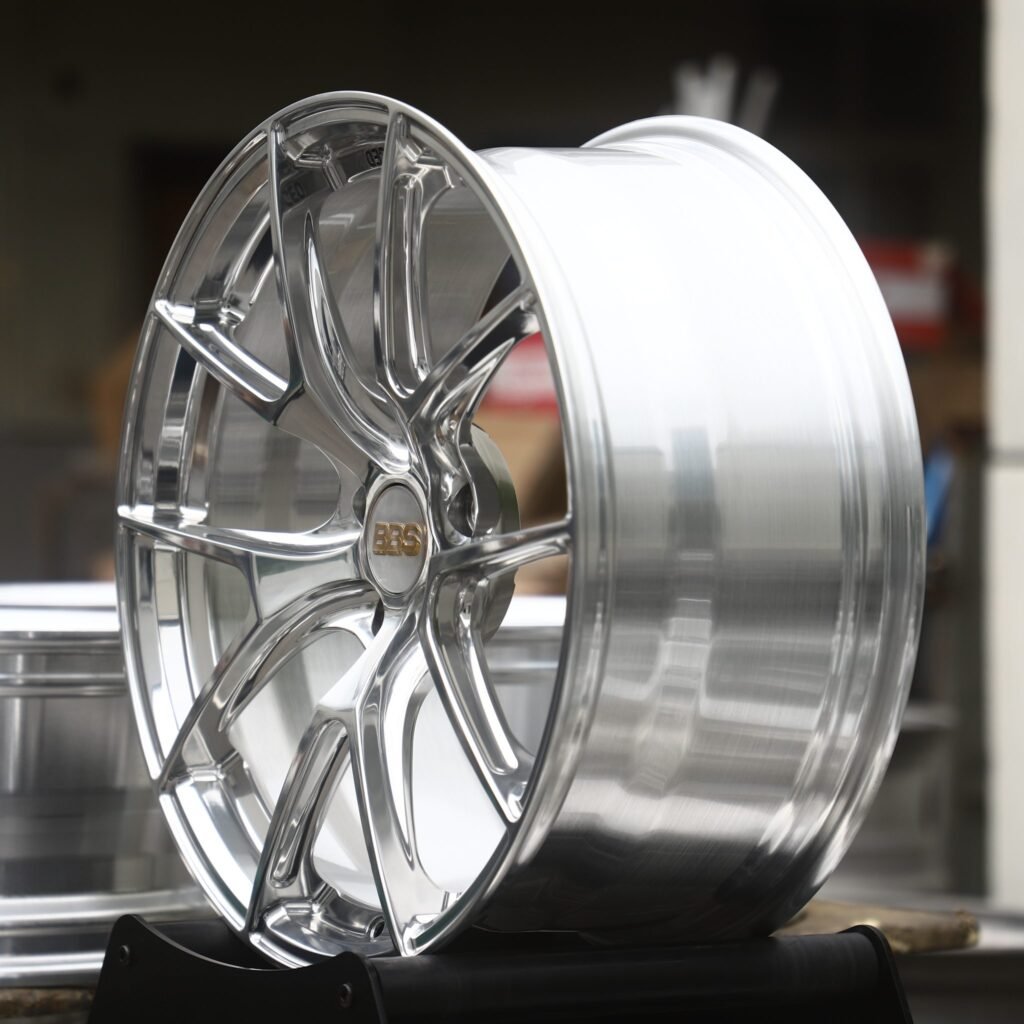 Audi RS5 wheels – Polished 5 Split Y-Spoke (BBS-Style), angled view